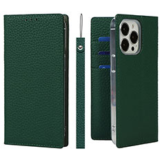 Leather Case Stands Flip Cover L09 Holder for Apple iPhone 15 Pro Green