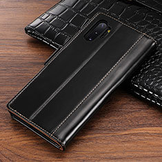 Leather Case Stands Flip Cover P01 Holder for Samsung Galaxy Note 10 Plus Black