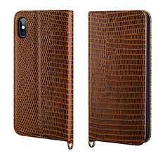 Leather Case Stands Flip Cover P03 Holder for Apple iPhone Xs Brown
