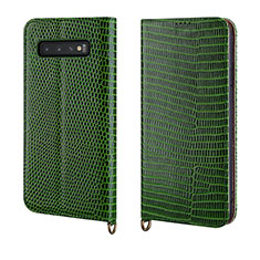 Leather Case Stands Flip Cover P04 Holder for Samsung Galaxy S10 Green