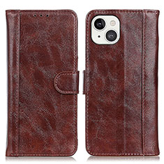 Leather Case Stands Flip Cover T04 Holder for Apple iPhone 15 Brown