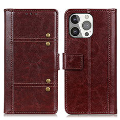 Leather Case Stands Flip Cover T10 Holder for Apple iPhone 14 Pro Brown