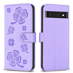 Leather Case Stands Flip Flowers Cover Holder BF1 for Google Pixel 7 Pro 5G Purple