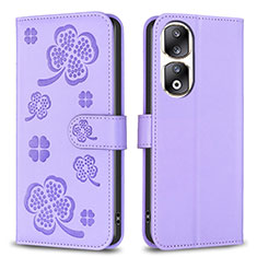 Leather Case Stands Flip Flowers Cover Holder BF1 for Huawei Honor 90 Pro 5G Purple