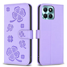 Leather Case Stands Flip Flowers Cover Holder BF1 for Huawei Honor X8b Purple