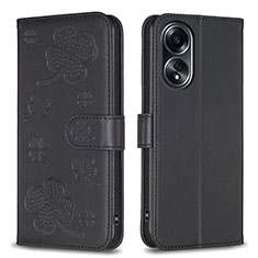 Leather Case Stands Flip Flowers Cover Holder BF1 for Oppo A18 Black