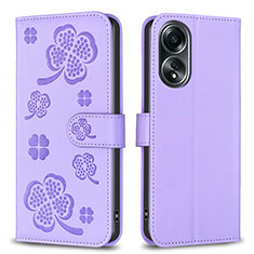 Leather Case Stands Flip Flowers Cover Holder BF1 for Oppo A18 Purple