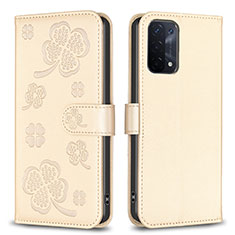 Leather Case Stands Flip Flowers Cover Holder BF1 for Oppo A54 5G Gold