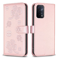 Leather Case Stands Flip Flowers Cover Holder BF1 for Oppo A54 5G Rose Gold
