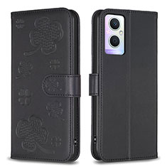 Leather Case Stands Flip Flowers Cover Holder BF1 for Oppo A96 5G Black