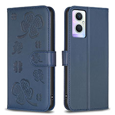 Leather Case Stands Flip Flowers Cover Holder BF1 for Oppo A96 5G Blue