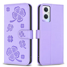 Leather Case Stands Flip Flowers Cover Holder BF1 for Oppo A96 5G Purple