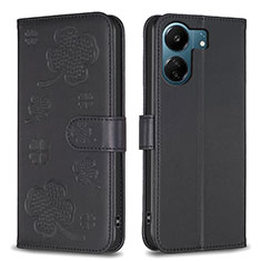 Leather Case Stands Flip Flowers Cover Holder BF1 for Xiaomi Poco C65 Black