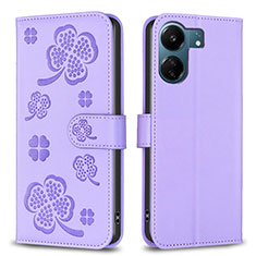 Leather Case Stands Flip Flowers Cover Holder BF1 for Xiaomi Poco C65 Purple