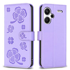 Leather Case Stands Flip Flowers Cover Holder BF1 for Xiaomi Redmi Note 13 Pro+ Plus 5G Purple