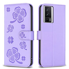 Leather Case Stands Flip Flowers Cover Holder BF2 for Xiaomi Poco F5 Pro 5G Purple