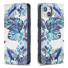 Leather Case Stands Flip Flowers Cover Holder for Apple iPhone 15 Plus Blue