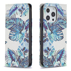 Leather Case Stands Flip Flowers Cover Holder for Apple iPhone 15 Pro Blue