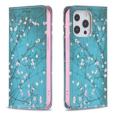 Leather Case Stands Flip Flowers Cover Holder for Apple iPhone 15 Pro Sky Blue