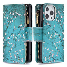 Leather Case Stands Flip Flowers Cover Holder for Apple iPhone 16 Pro Max Cyan