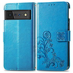 Leather Case Stands Flip Flowers Cover Holder for Google Pixel 6 Pro 5G Blue