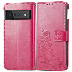 Leather Case Stands Flip Flowers Cover Holder for Google Pixel 6 Pro 5G Hot Pink