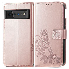 Leather Case Stands Flip Flowers Cover Holder for Google Pixel 6 Pro 5G Rose Gold