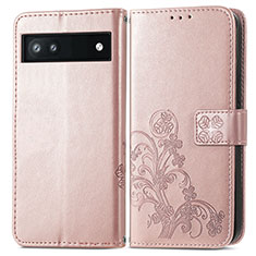 Leather Case Stands Flip Flowers Cover Holder for Google Pixel 6a 5G Rose Gold