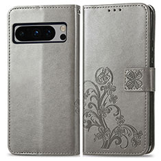 Leather Case Stands Flip Flowers Cover Holder for Google Pixel 8 Pro 5G Gray