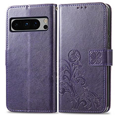 Leather Case Stands Flip Flowers Cover Holder for Google Pixel 8 Pro 5G Purple