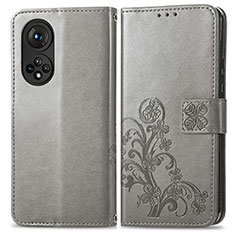 Leather Case Stands Flip Flowers Cover Holder for Huawei Honor 50 5G Gray