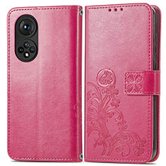 Leather Case Stands Flip Flowers Cover Holder for Huawei Honor 50 5G Hot Pink