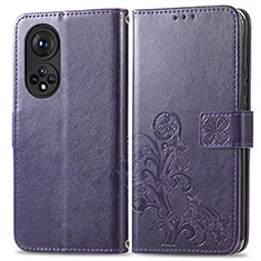 Leather Case Stands Flip Flowers Cover Holder for Huawei Honor 50 5G Purple