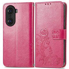 Leather Case Stands Flip Flowers Cover Holder for Huawei Honor 60 5G Hot Pink