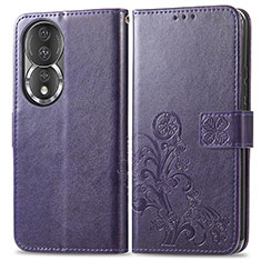 Leather Case Stands Flip Flowers Cover Holder for Huawei Honor 80 5G Purple