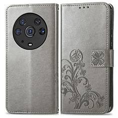 Leather Case Stands Flip Flowers Cover Holder for Huawei Honor Magic3 Pro 5G Gray