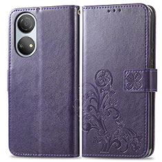 Leather Case Stands Flip Flowers Cover Holder for Huawei Honor X7 Purple