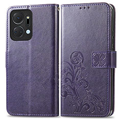 Leather Case Stands Flip Flowers Cover Holder for Huawei Honor X7a Purple