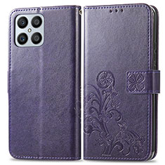 Leather Case Stands Flip Flowers Cover Holder for Huawei Honor X8 4G Purple