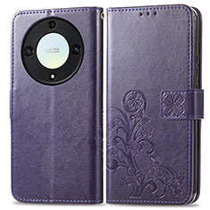 Leather Case Stands Flip Flowers Cover Holder for Huawei Honor X9a 5G Purple