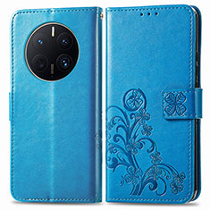 Leather Case Stands Flip Flowers Cover Holder for Huawei Mate 50 Pro Blue