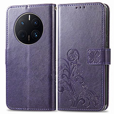 Leather Case Stands Flip Flowers Cover Holder for Huawei Mate 50 Pro Purple