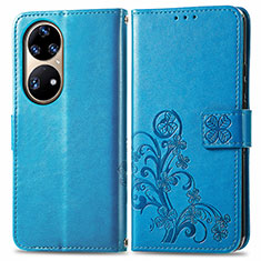 Leather Case Stands Flip Flowers Cover Holder for Huawei P50 Blue