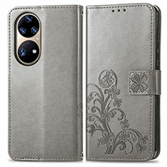 Leather Case Stands Flip Flowers Cover Holder for Huawei P50 Gray