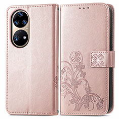 Leather Case Stands Flip Flowers Cover Holder for Huawei P50 Pink