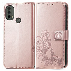 Leather Case Stands Flip Flowers Cover Holder for Motorola Moto E20 Pink