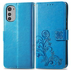 Leather Case Stands Flip Flowers Cover Holder for Motorola Moto E32s Blue