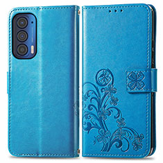Leather Case Stands Flip Flowers Cover Holder for Motorola Moto Edge (2021) 5G Blue