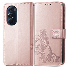 Leather Case Stands Flip Flowers Cover Holder for Motorola Moto Edge Plus (2022) 5G Pink