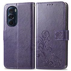 Leather Case Stands Flip Flowers Cover Holder for Motorola Moto Edge Plus (2022) 5G Purple